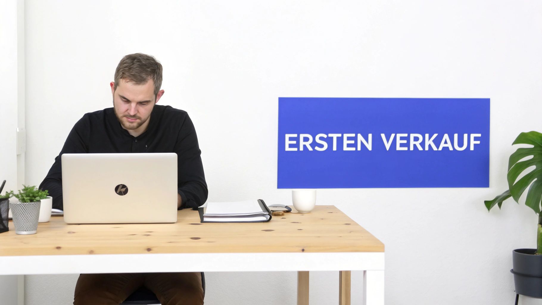 Eine Person sitzt an einem Schreibtisch und arbeitet an einem Laptop an einem neuen digitalen Produkt