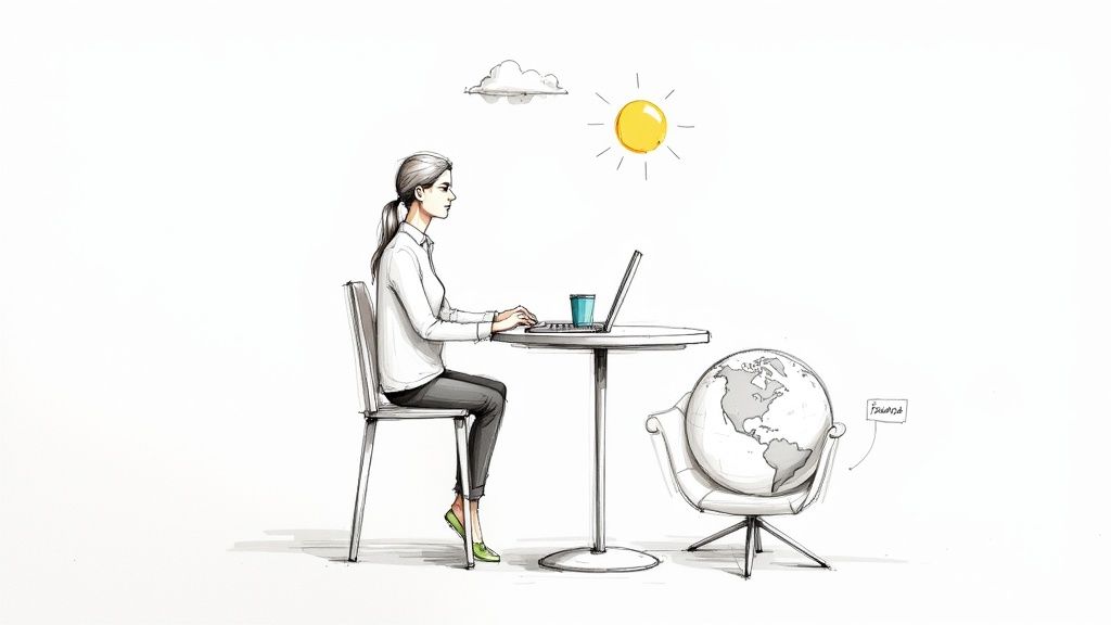 Eine Frau arbeitet am Laptop. Eine Weltkugel mit 'Finanza' sitzt in einem Sessel unter Sonne und Wolke.