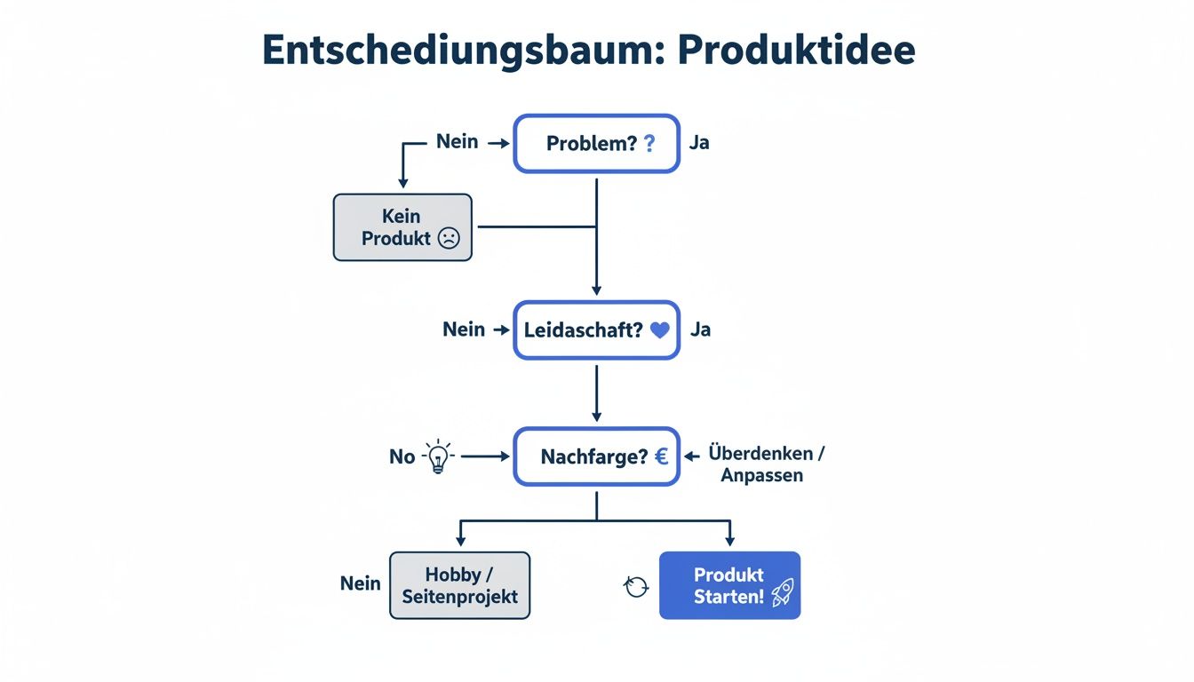 Entscheidungsbaum zur Entwicklung einer Produktidee, der die Fragen nach Problem, Leidenschaft und Nachfrage stellt.