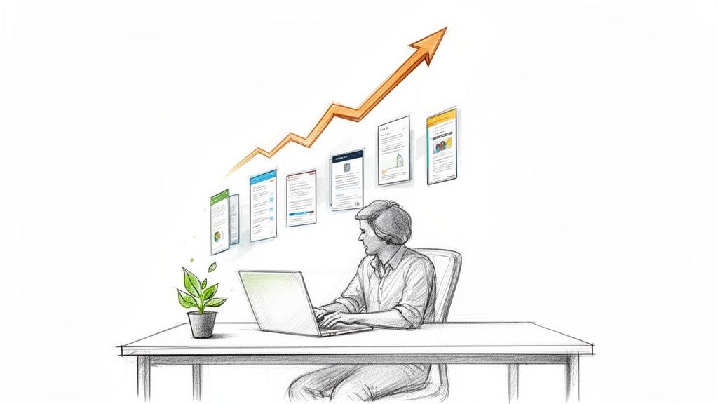 Detailreiche Skizze: Eine Person arbeitet konzentriert am Laptop, während schwebende Dokumente und ein aufsteigender Pfeil Fortschritt symbolisieren.