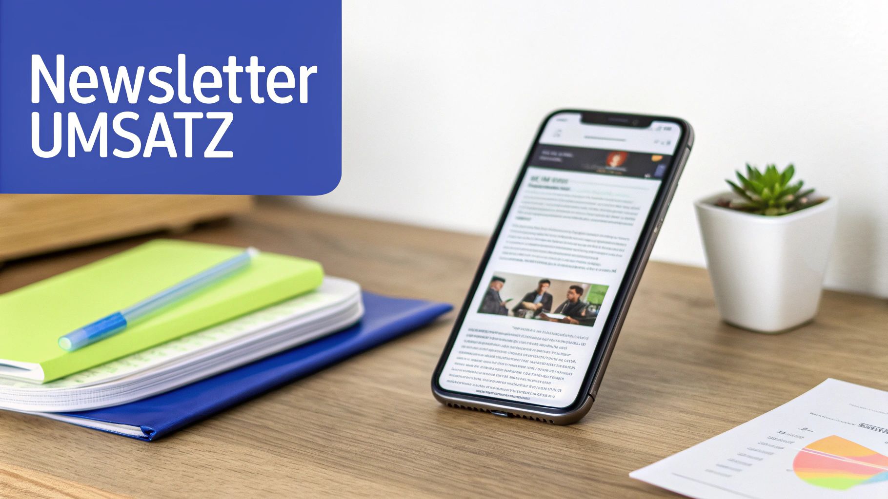 Schreibtisch mit einem blauen "Newsletter UMSATZ" Banner, Smartphone, Notizbüchern, Stift und einem Diagramm.