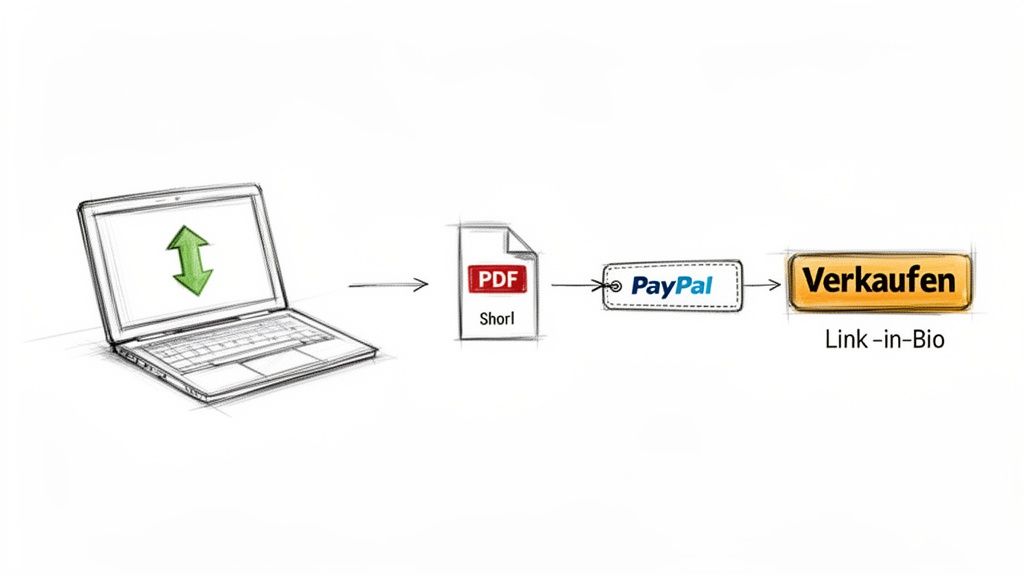 Laptop mit grünen Pfeilen, der auf eine PDF-Datei mit 'Shorl' zeigt, verbunden mit PayPal und einem 'Verkaufen'-Button für Link-in-Bio.