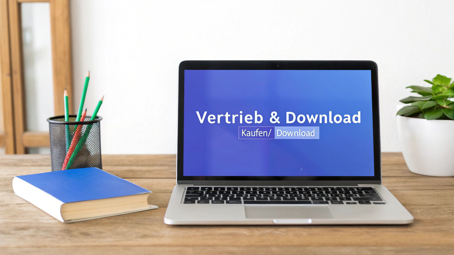 Eine Person kauft online ein E-Book mit einer Kreditkarte, was den einfachen Vertriebsprozess darstellt