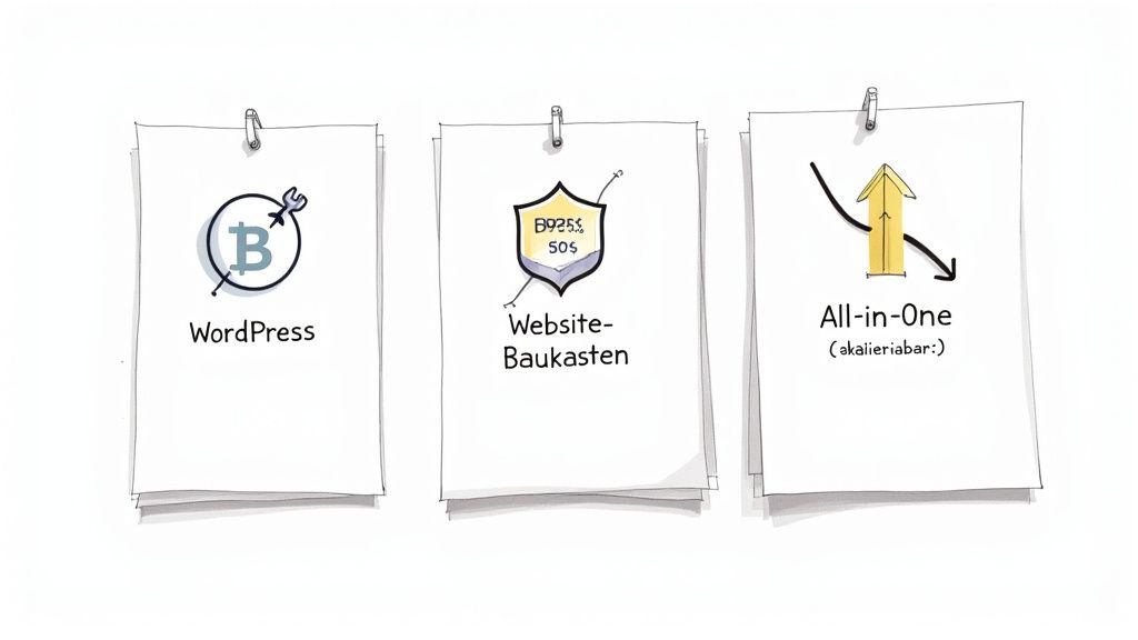 Drei Papiere mit Optionen für Website-Erstellung: WordPress, Website-Baukasten und All-in-One-Lösung.