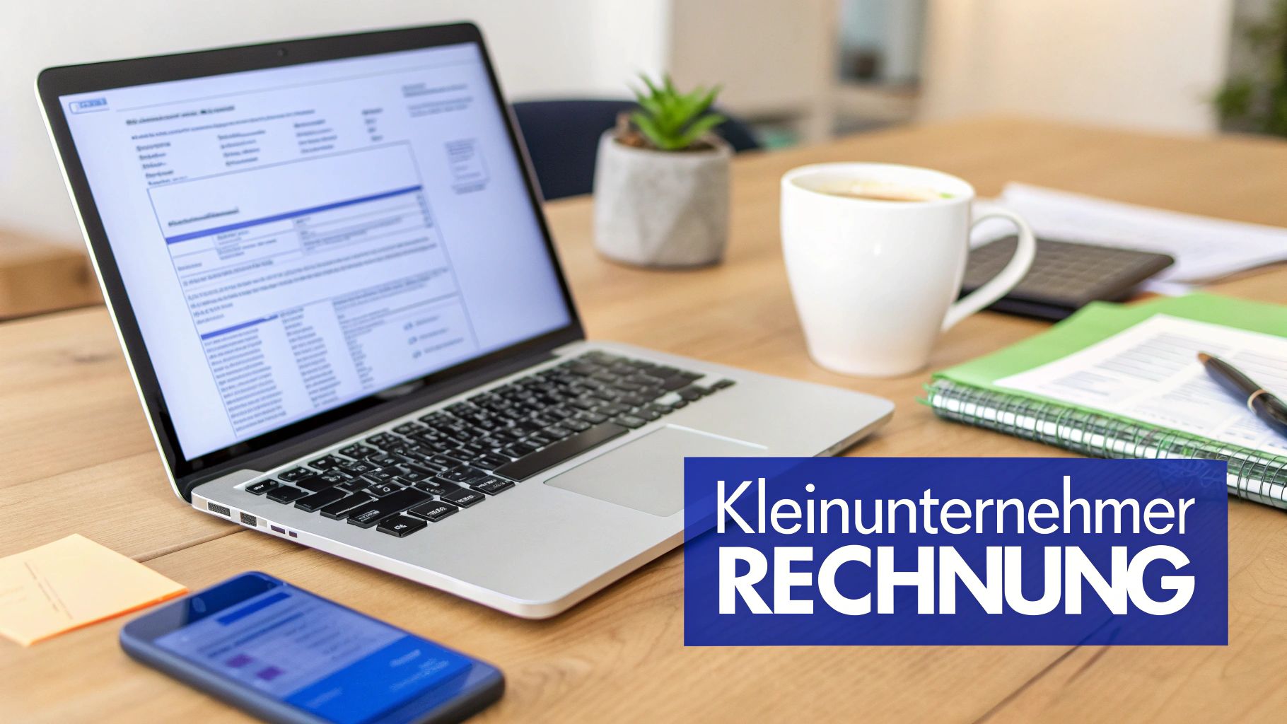 Laptop auf Holztisch zeigt eine Kleinunternehmer Rechnung, umgeben von Kaffeetasse, Smartphone und Büromaterial.