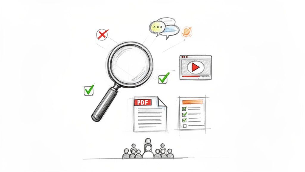 Lupe überprüft verschiedene digitale Inhalte wie Videos, Dokumente und Gespräche für eine Gruppe.