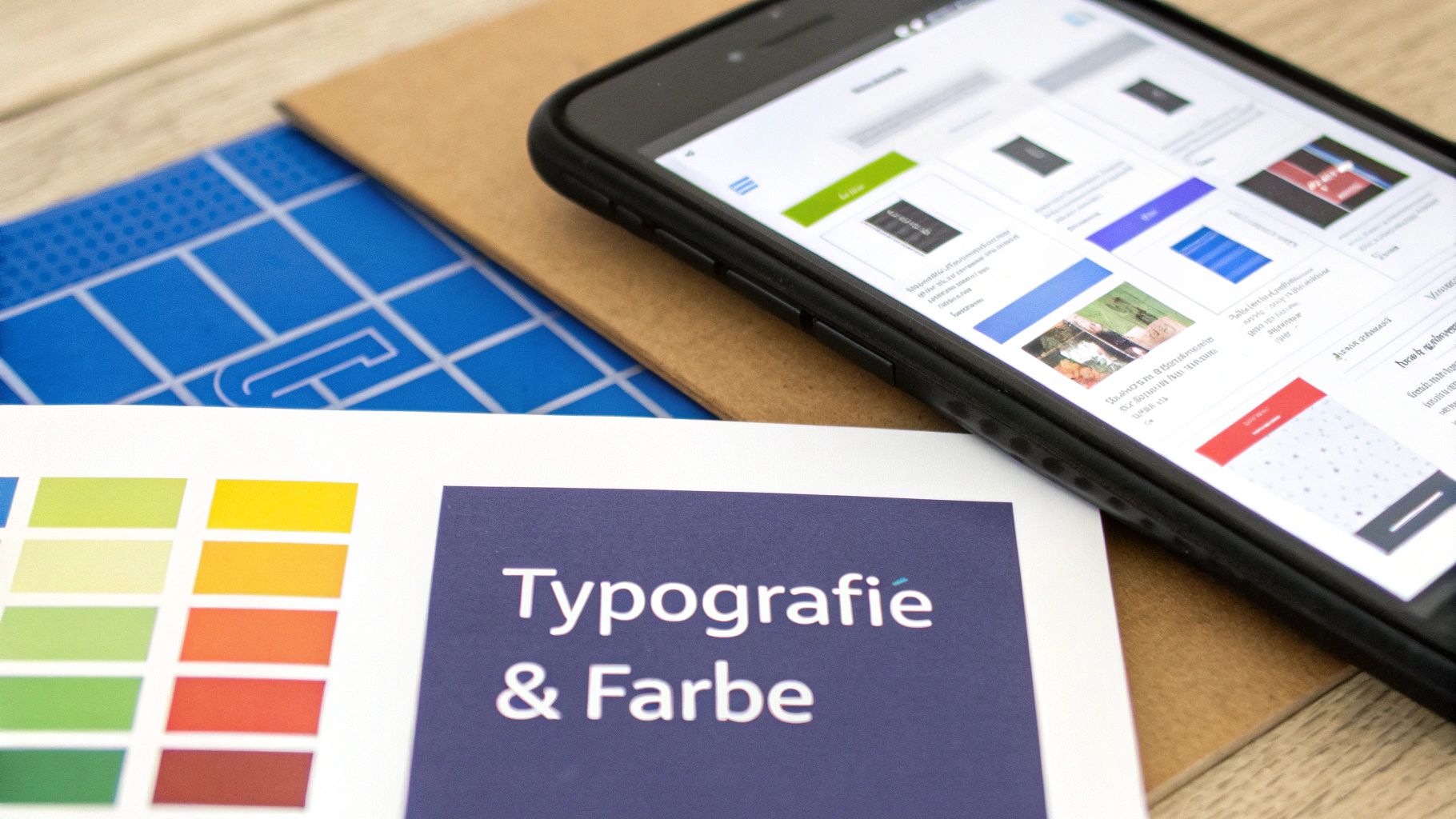 Ein Smartphone mit Design-Interface, ein Dokument mit 'Typografie & Farbe' und Farbmuster auf einem Schreibtisch.