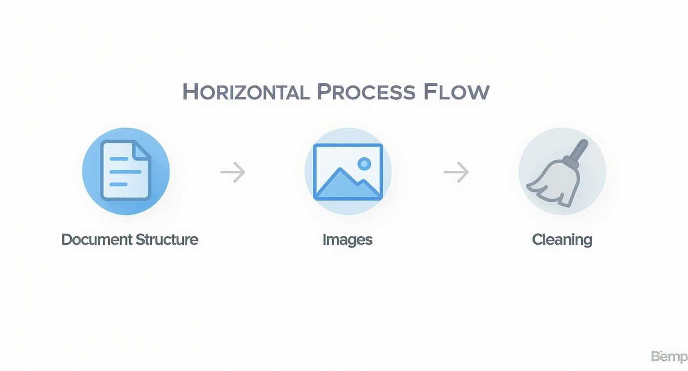 Horizontaler Prozessablauf zeigt drei Schritte: Dokumentstruktur, Bilder und Bereinigung für eBook-Konvertierung