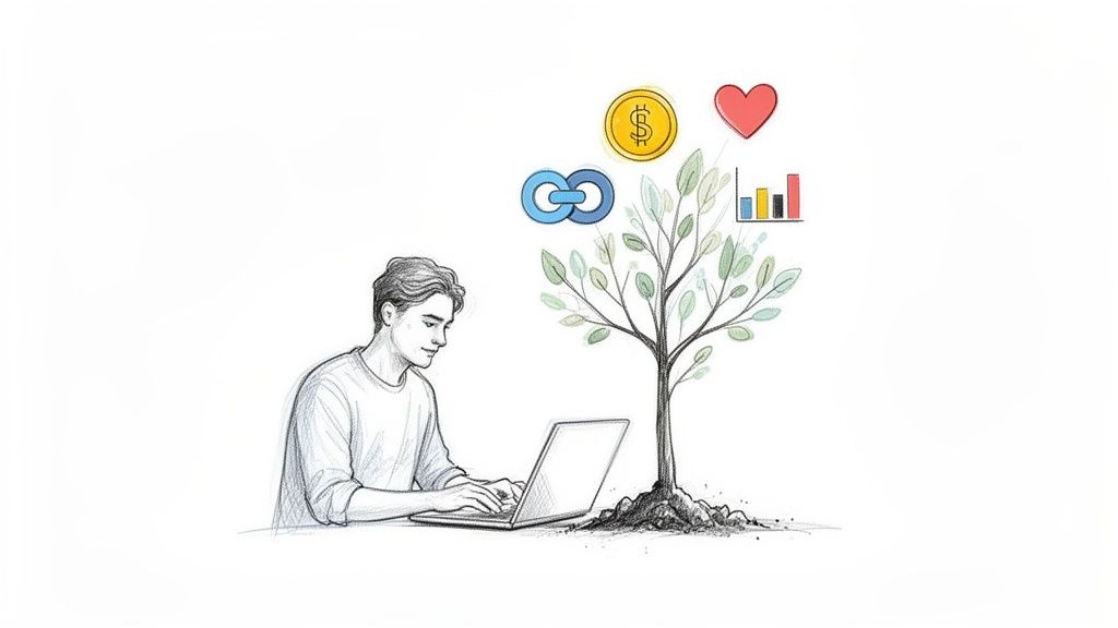 Ein Mann arbeitet am Laptop neben einem Baum, der Symbole für Wachstum, Finanzen und Wohlbefinden trägt.