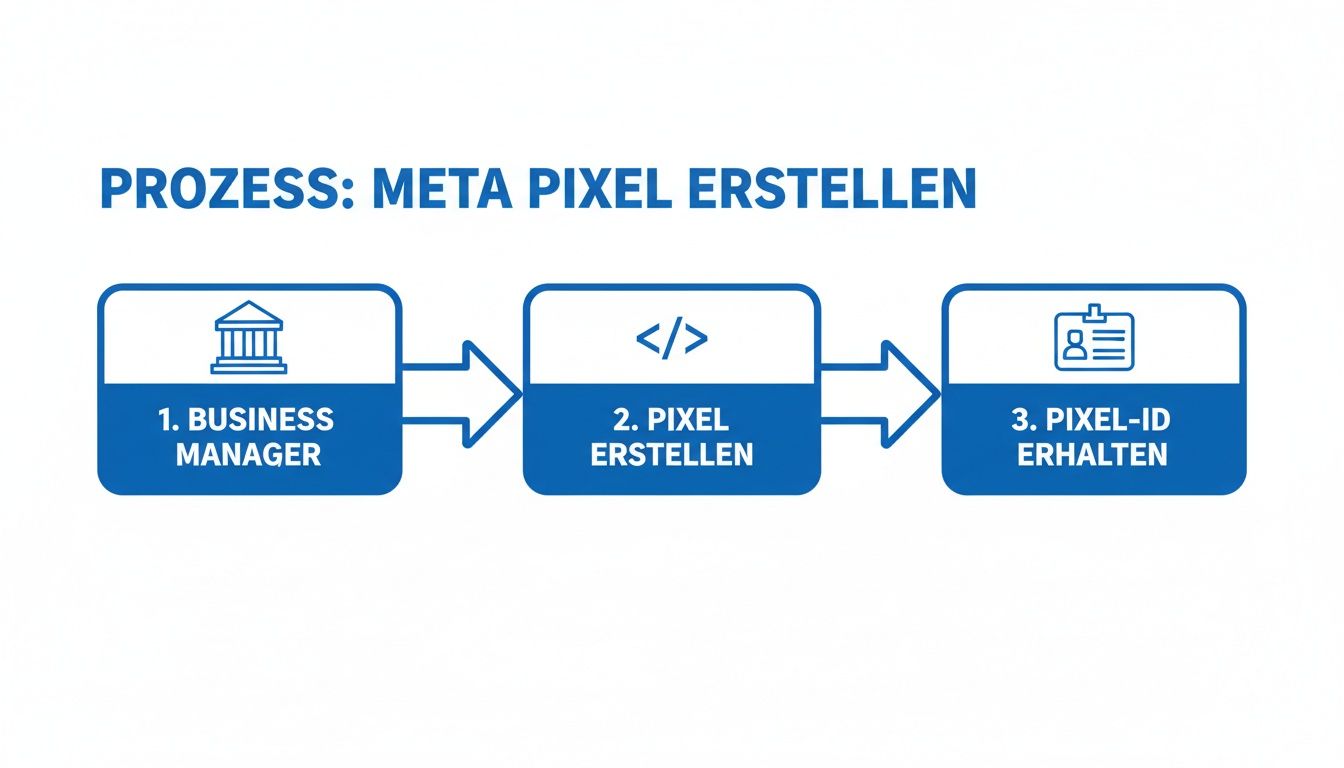 Flussdiagramm zum Prozess der Erstellung eines Meta Pixels, inklusive Business Manager, Pixel-Erstellung und Pixel-ID.