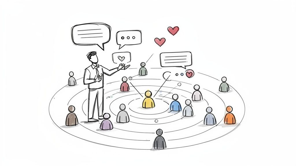 Ein Mann spricht zu einer Gruppe von Menschen in konzentrischen Kreisen mit Sprechblasen und Herzen.
