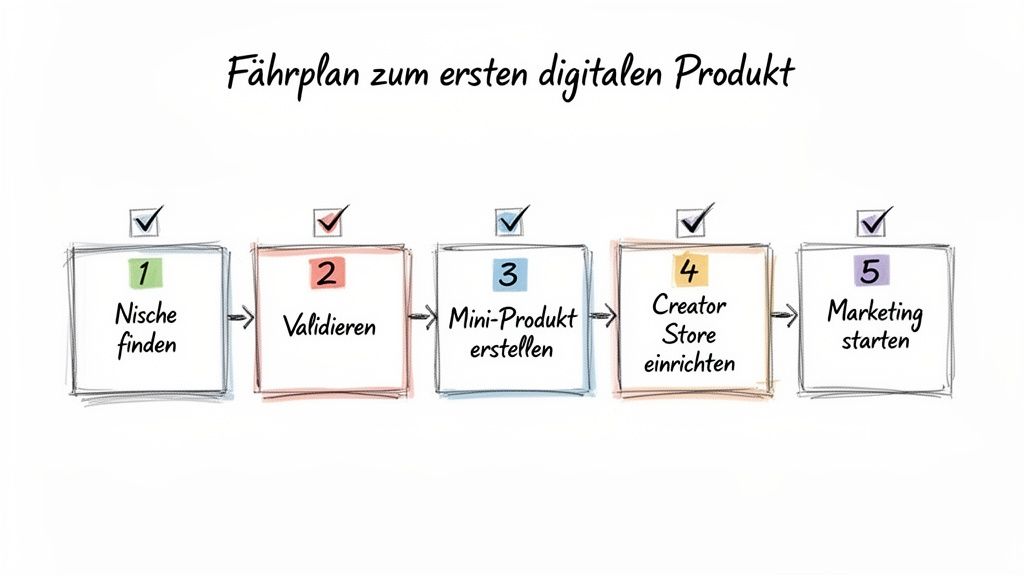 Ein Diagramm zeigt den 5-Schritte-Plan zur Erstellung und Vermarktung eines digitalen Produkts, von der Nischenfindung bis zum Marketing.