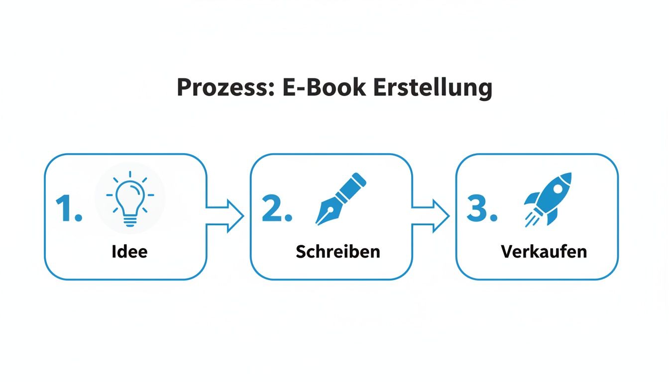 Infografik zeigt den 3-Schritte-Prozess zur E-Book-Erstellung: Idee (Glühbirne), Schreiben (Füllfederhalter) und Verkaufen (Rakete).