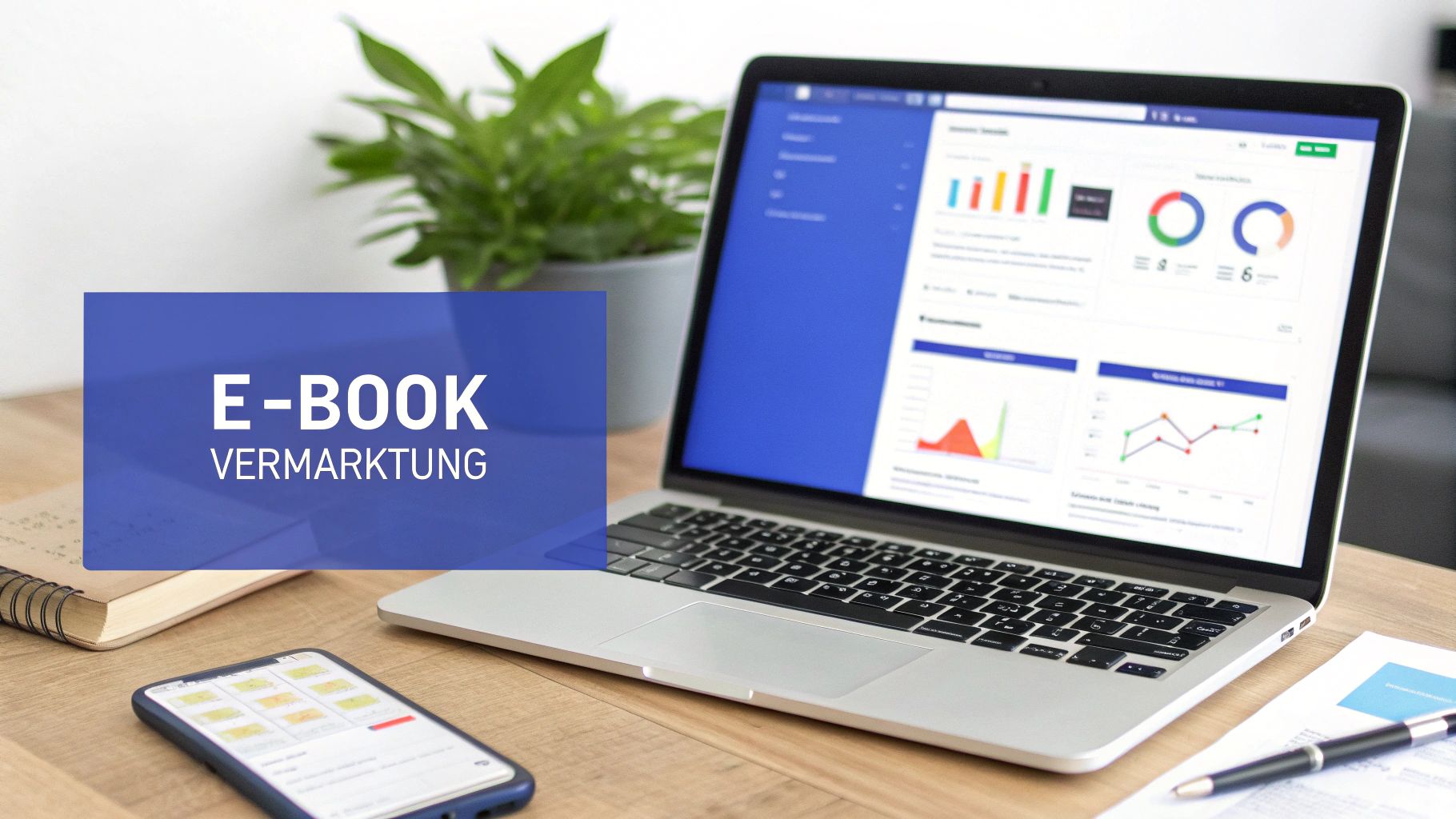 Eine Person am Laptop plant die Marketingstrategie für ein E-Book mit Notizen und Diagrammen