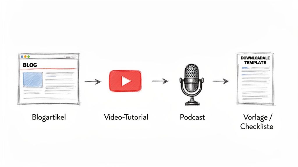 Visualisierung des Content-Repurposing-Prozesses von einem Blogartikel über Video und Podcast bis zur Checkliste.