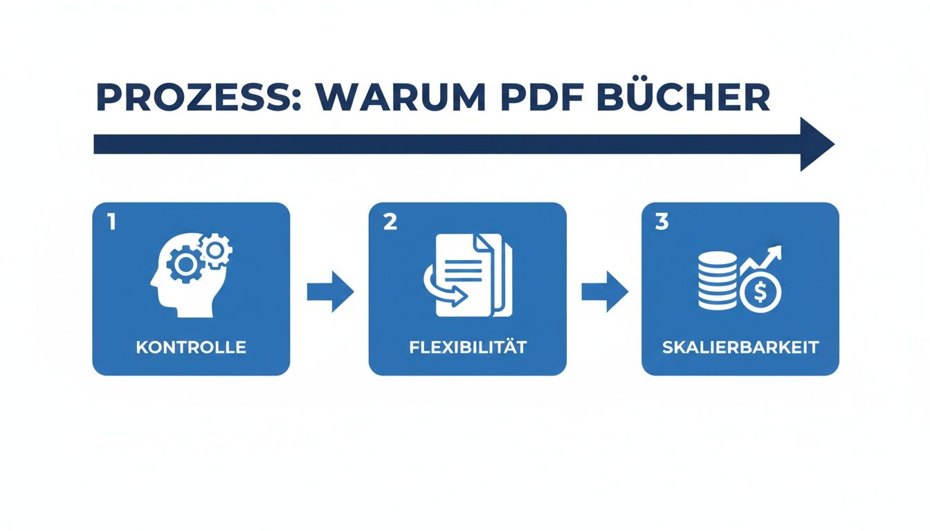 Diagramm, das den Prozess und die Vorteile von PDF-Büchern darstellt: Kontrolle, Flexibilität und Skalierbarkeit.