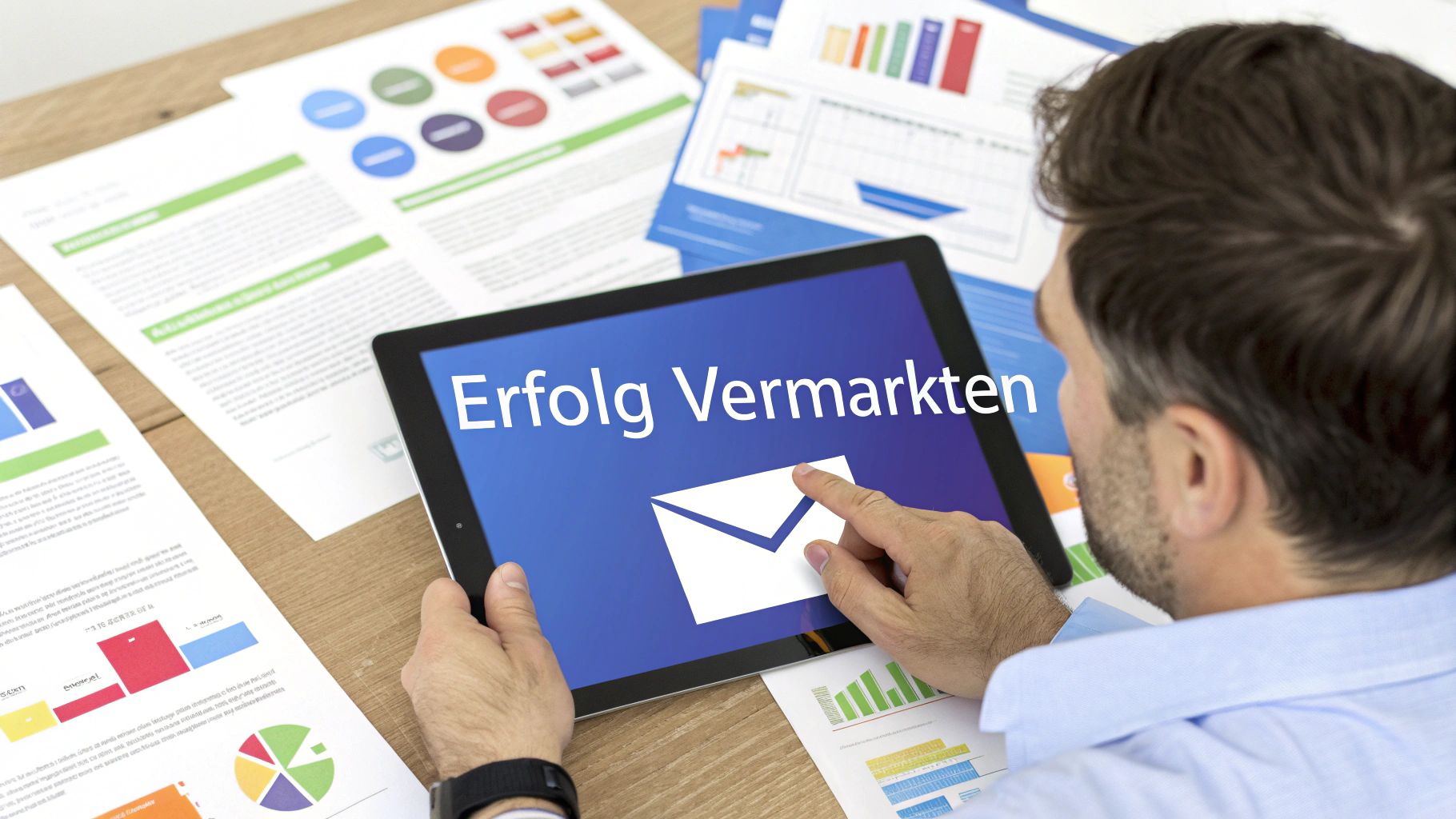 Eine Person analysiert Marketing-Daten auf einem Laptop und einem Tablet.