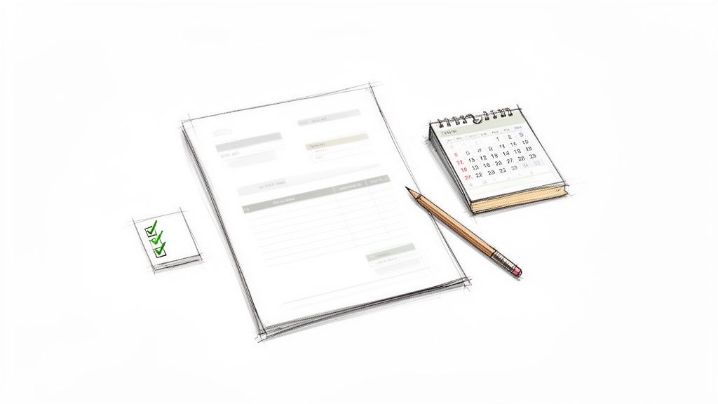 Handgezeichnete Skizze eines Arbeitsplatzes mit Dokumenten, einer Checkliste, einem Bleistift und einem Kalender.