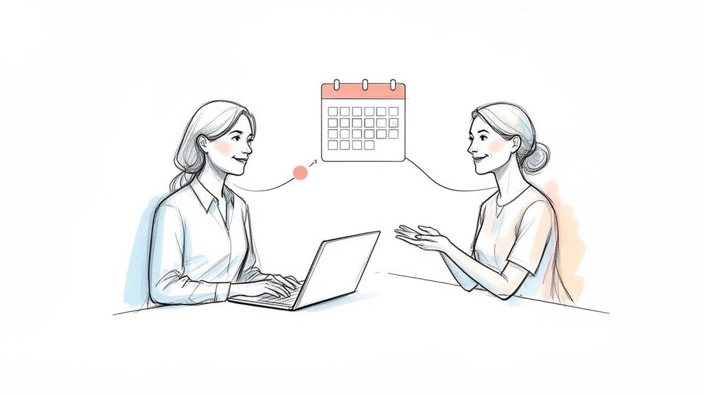 Illustration von zwei Frauen, die über einen Kalender und Terminplanung mit einem Laptop sprechen.