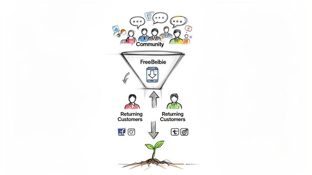 Diagramm zeigt einen Marketing-Trichter: Community, FreeBeibie App, wiederkehrende Kunden und Wachstum.
