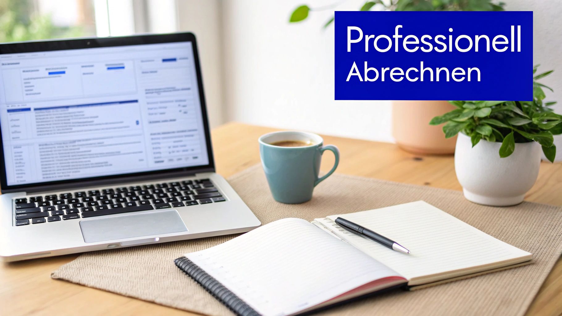 Eine Frau schreibt als Freiberuflerin eine Rechnung auf ihrem Laptop.