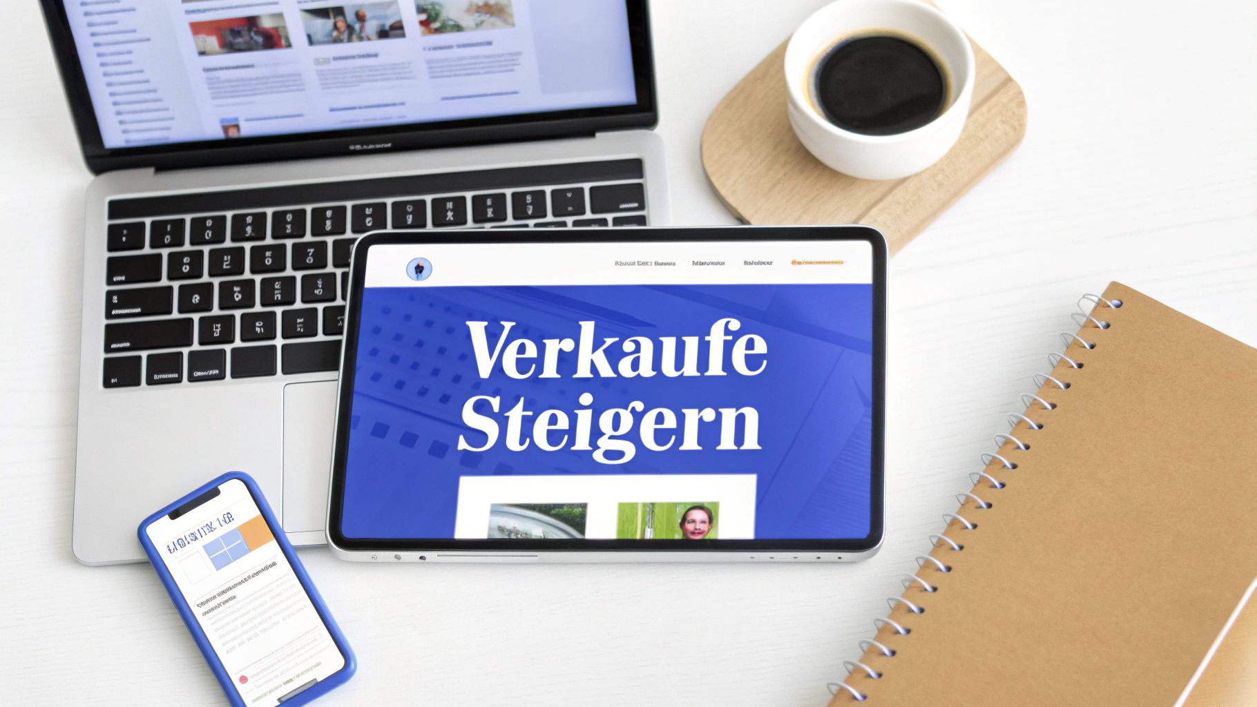 Arbeitsplatz mit Laptop, Tablet mit 'Verkäufe Steigern', Smartphone, Kaffee und Notizbuch auf weißem Tisch.