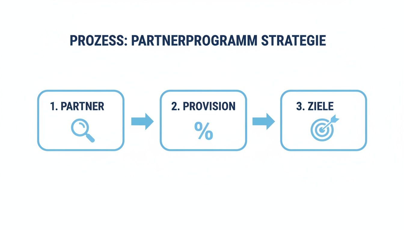 Flussdiagramm eines Partnerprogramm-Strategieprozesses mit den Schritten Partner, Provision und Ziele.