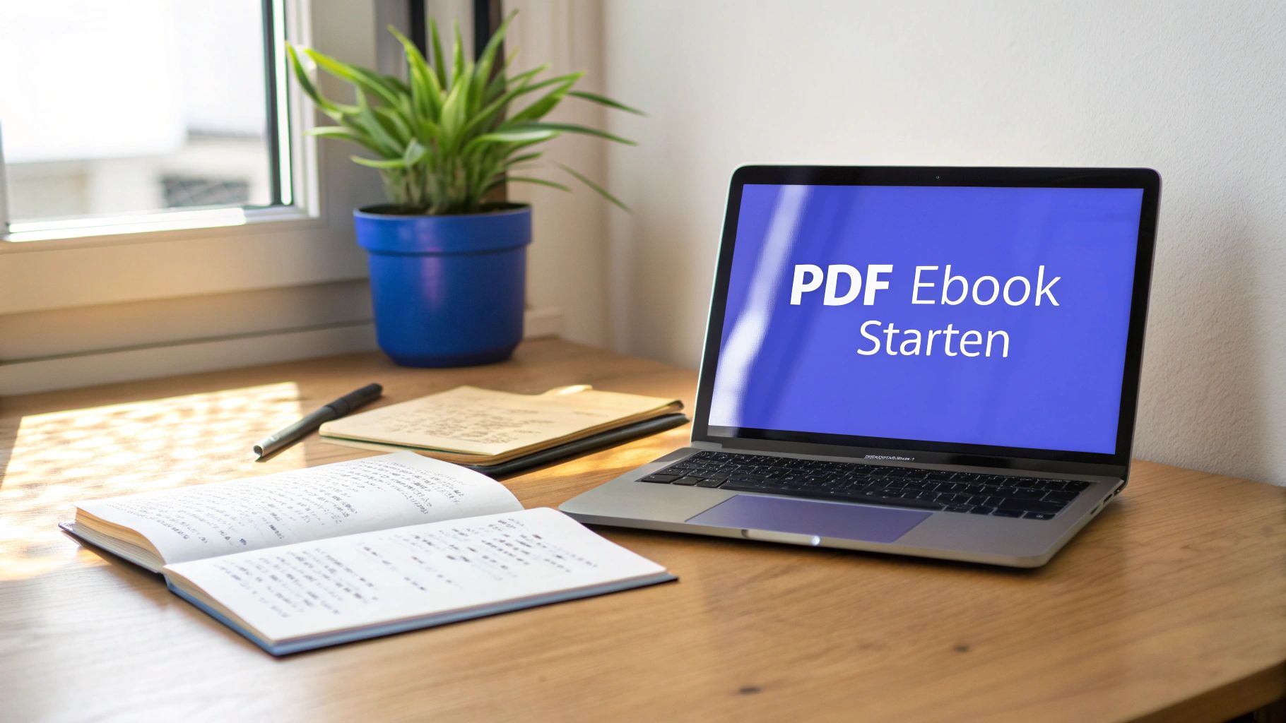Arbeitsplatz mit Laptop, der 'PDF Ebook Starten' anzeigt, einem offenen Buch, Stift und Pflanze am Fenster.