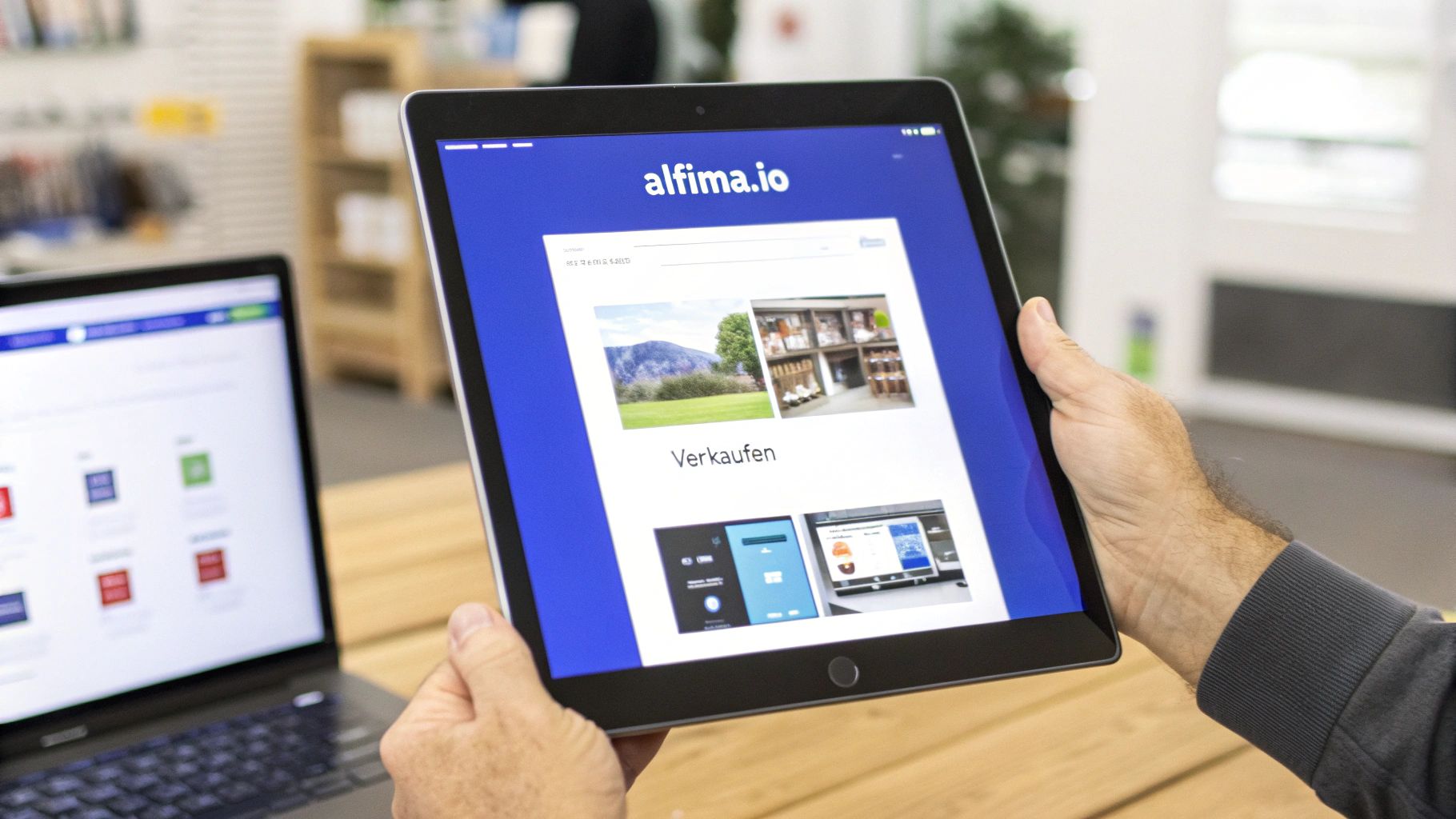 Person hält Tablet mit alfima.io Website zur Immobilienverwaltung und Verkauf im Büro