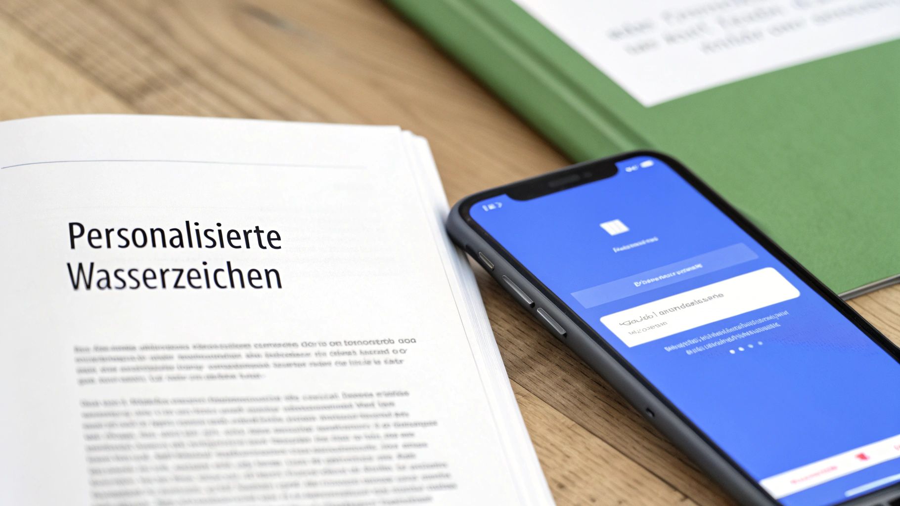Offenes Buch mit Titel 'Personalisierte Wasserzeichen' und Smartphone auf Holztisch, daneben grüner Ordner.