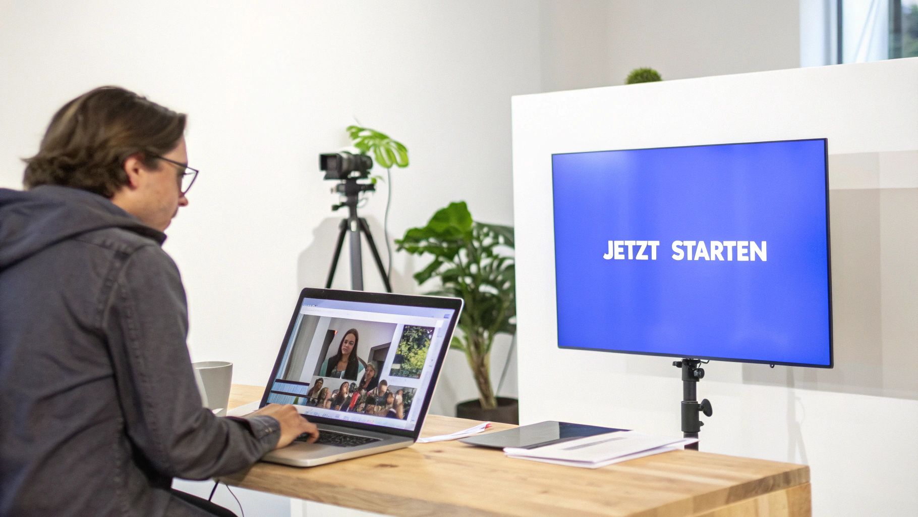 Eine Person sitzt an einem Schreibtisch und nimmt an einer Videokonferenz teil, während ein Bildschirm "JETZT STARTEN" anzeigt.