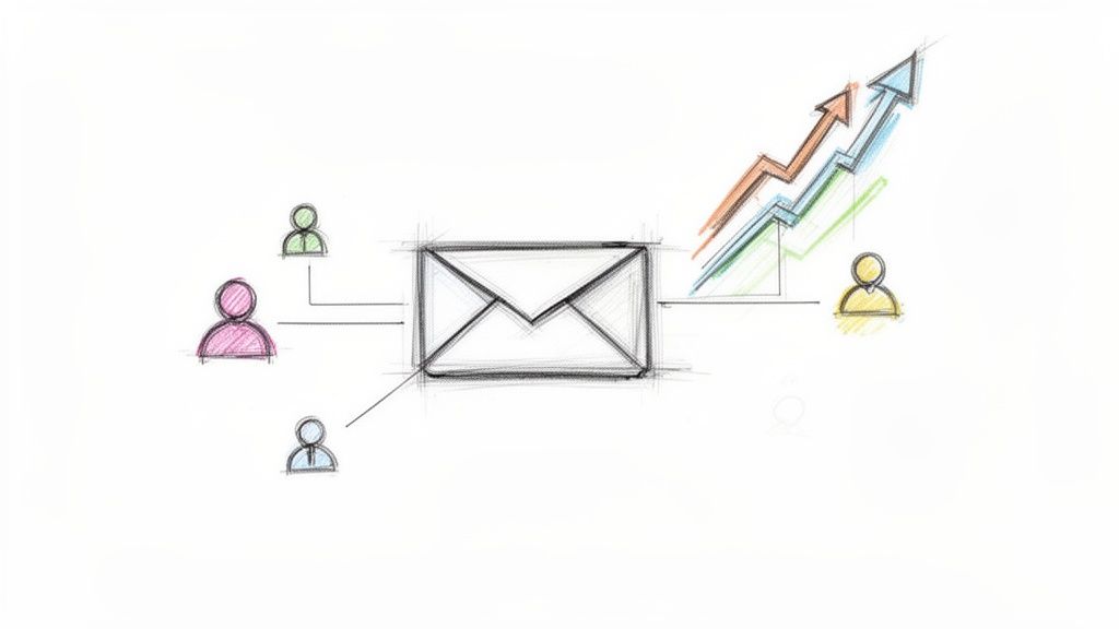 Skizze einer E-Mail-Marketing-Strategie, die von mehreren Personen ausgeht und zu Wachstum für einen Empfänger führt.
