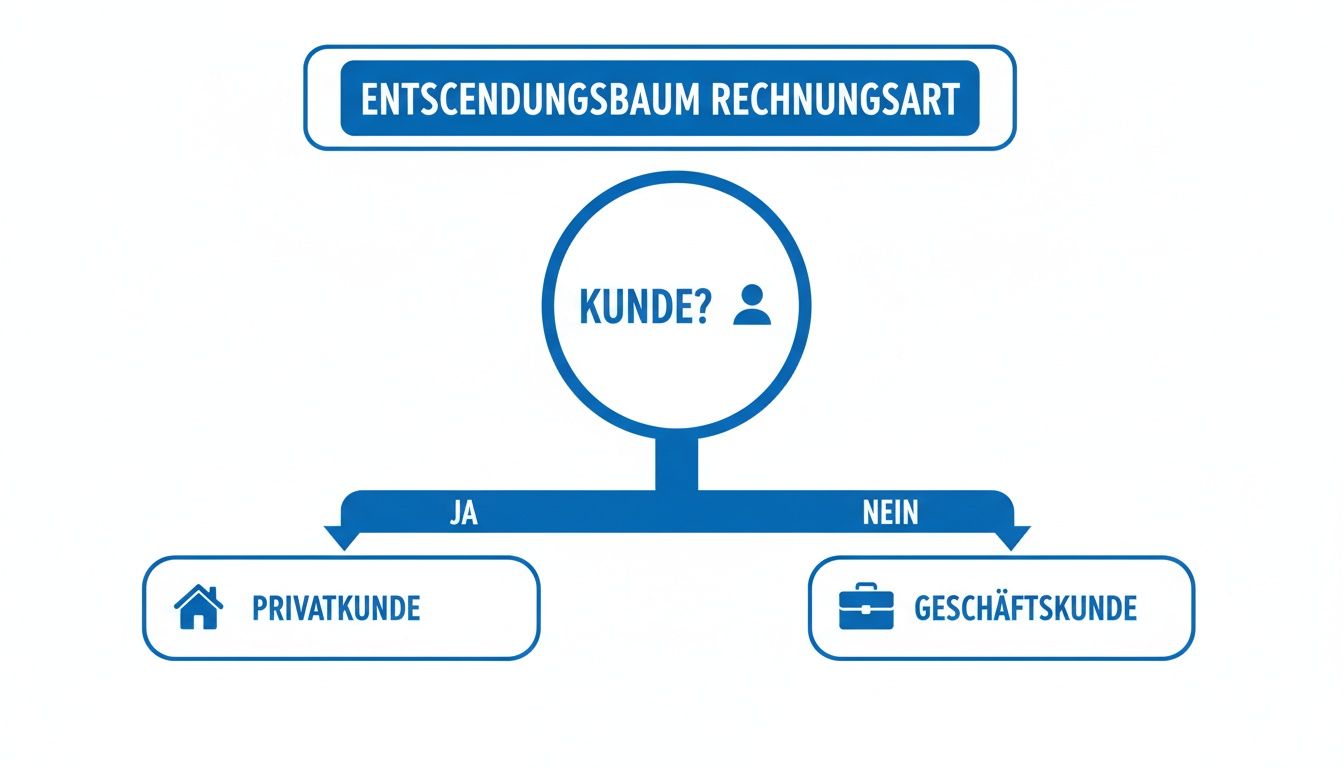 Entscheidungsbaum zur Rechnungsart, unterscheidet zwischen Privatkunde (Ja) und Geschäftskunde (Nein) basierend auf der Kundenfrage.