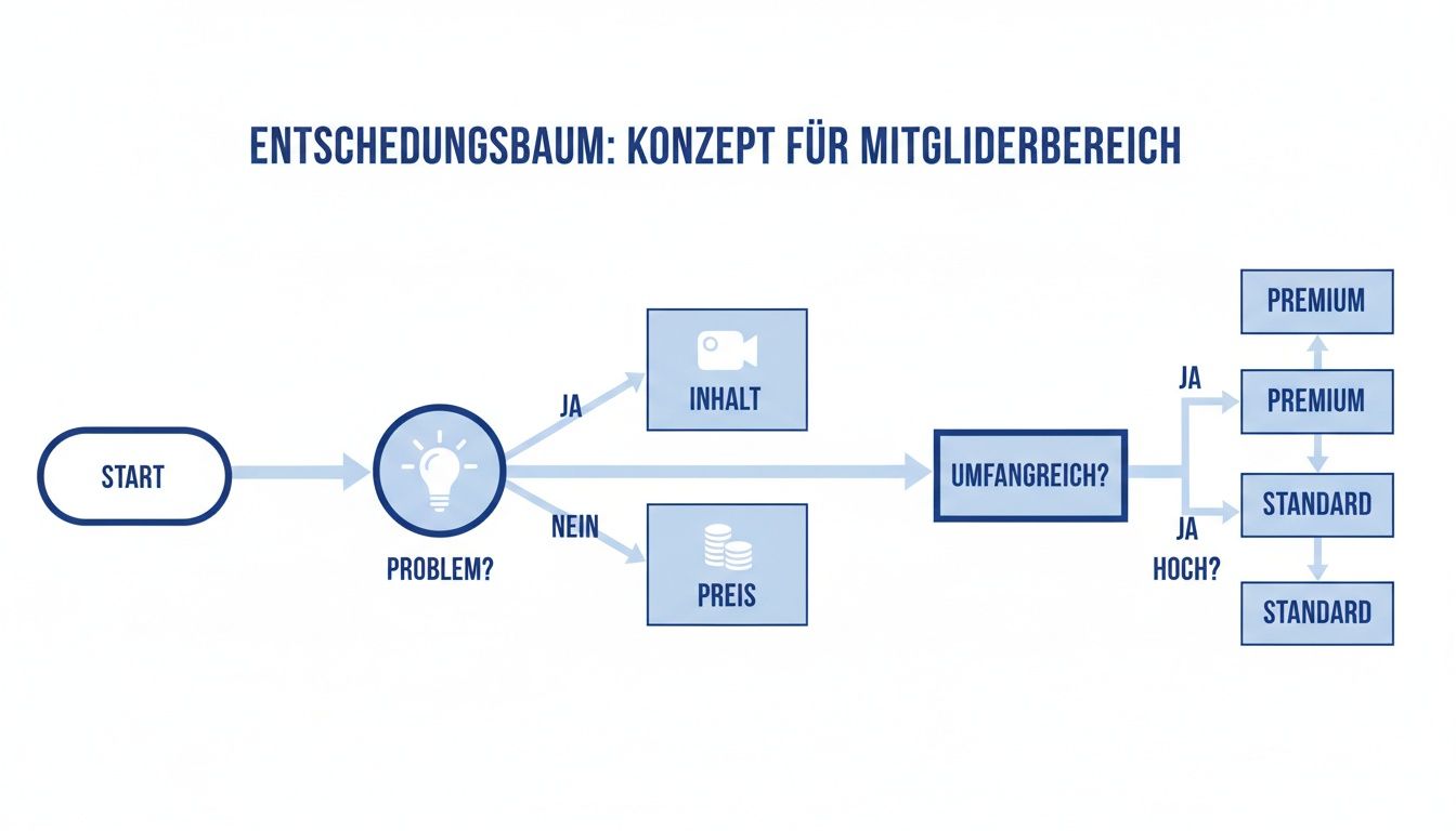 Ein Entscheidungsbaum zeigt das Konzept für einen Mitgliederbereich von Start über Problem bis zu Premium und Standard.