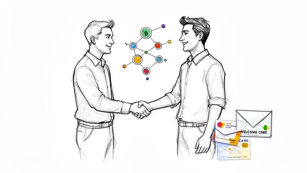 Zwei Männer schütteln Hände, mit einem Verbindungsnetzwerk und Begrüßungsmaterialien, die eine Geschäftspartnerschaft symbolisieren.