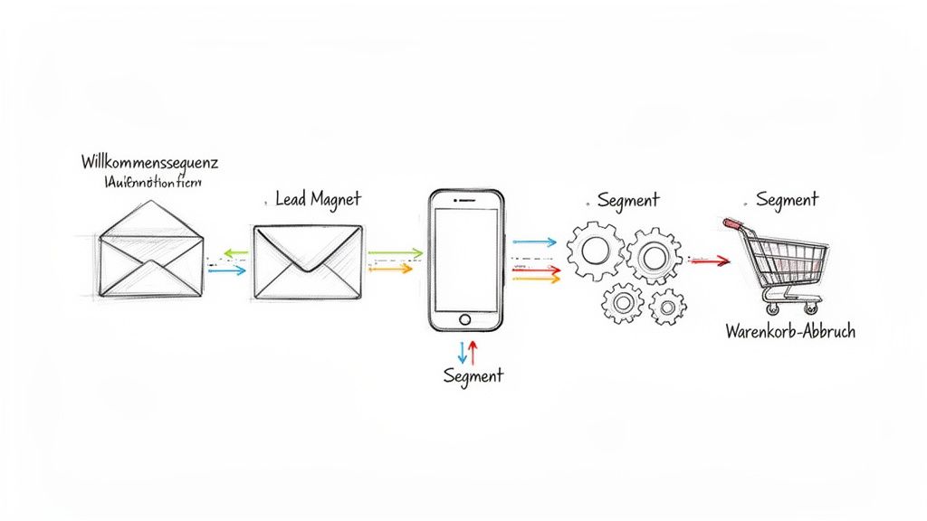 Flussdiagramm eines digitalen Marketing-Funnels mit Willkommenssequenz, Lead Magnet, Smartphone, Segmentierung und Warenkorb-Abbruch.