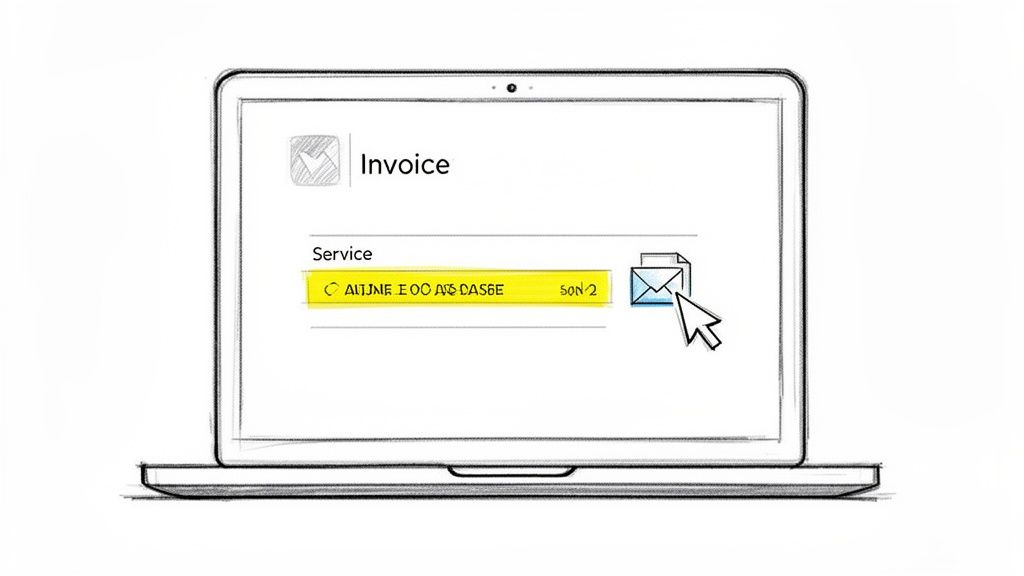 Skizzierte Darstellung eines Laptops, auf dessen Bildschirm eine Rechnung mit hervorgehobenem Servicefeld und einem E-Mail-Icon angezeigt wird.