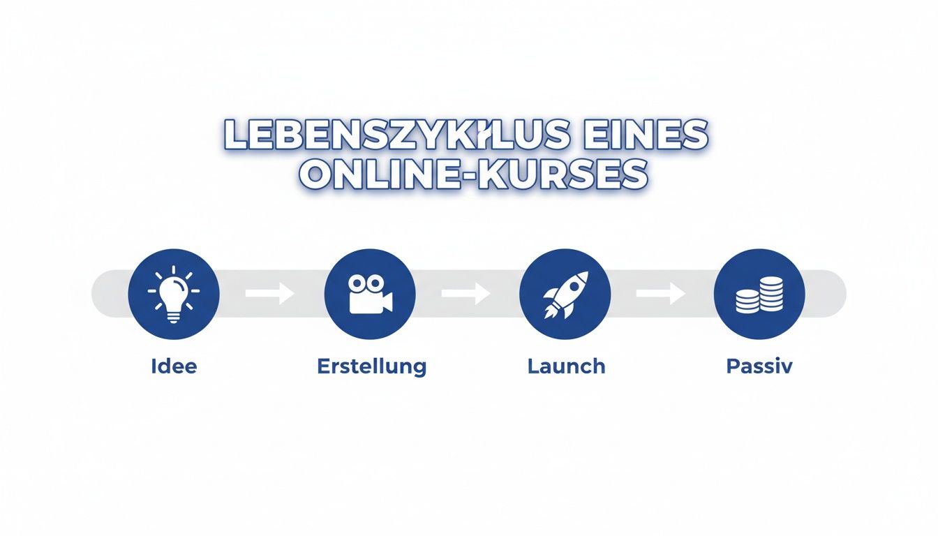 Das Bild zeigt den Lebenszyklus eines Online-Kurses mit den Phasen Idee, Erstellung, Launch und Passiv.