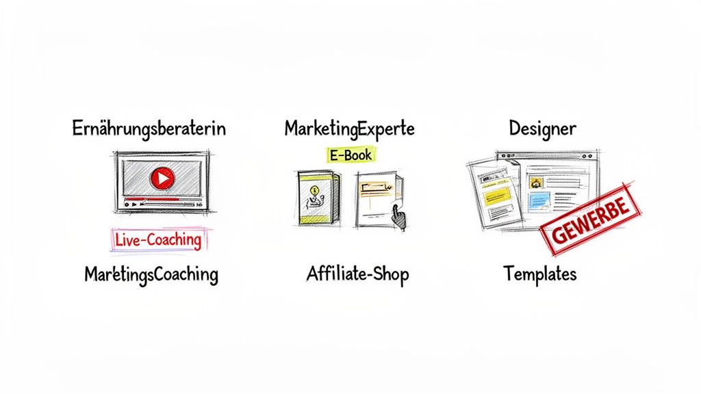 Drei Berufe mit ihren Geschäftsmodellen: Ernährungsberaterin (Coaching), Marketingexperte (E-Book, Affiliate-Shop) und Designer (Templates, Gewerbe).