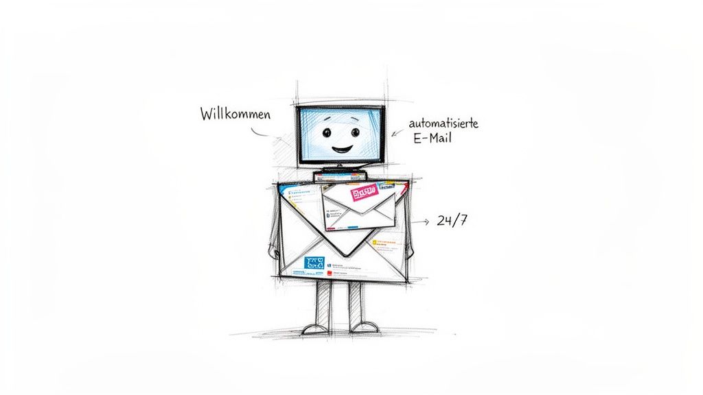 Eine freundliche Computerfigur, dargestellt als E-Mail-Bot, sendet rund um die Uhr automatisierte E-Mails.