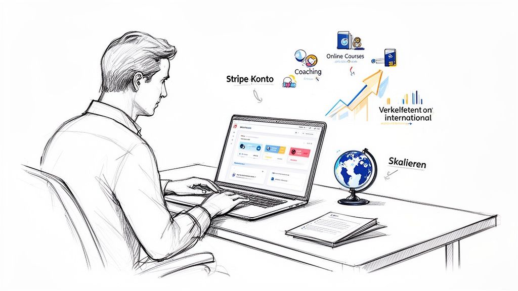 Eine Person arbeitet am Laptop und nutzt Online-Tools wie Stripe zur Skalierung ihres internationalen Geschäfts.