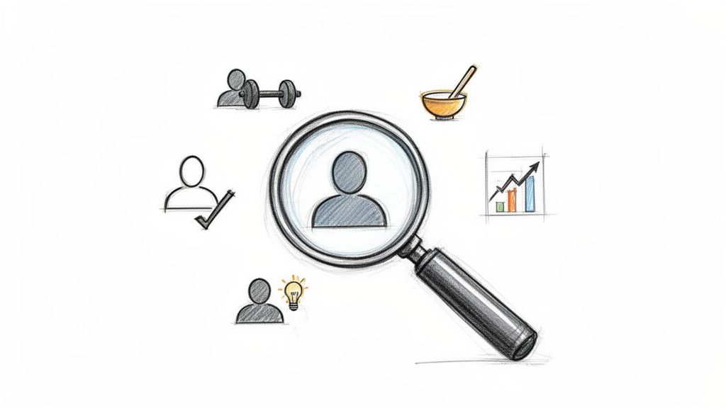 Eine Lupe auf eine Person gerichtet, umgeben von Icons für Fitness, Ernährung, Erfolge, Ideen und Wachstum.