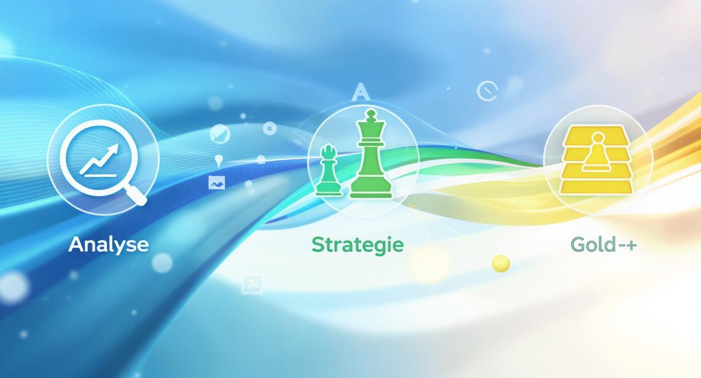 Grafik eines Prozesses mit Symbolen: Analyse, Strategie (Schachfiguren) und Gold-Erfolg (gestapelte Münzen mit Schachfigur).