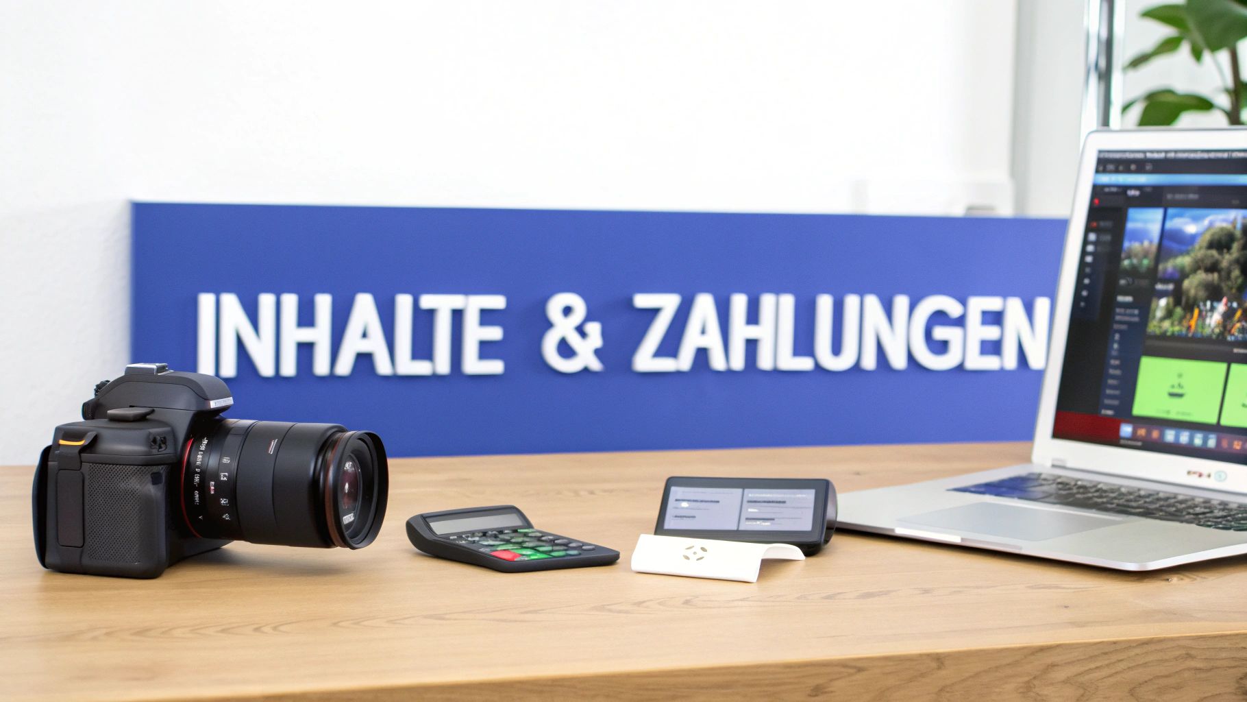 Digitale Werkzeuge auf einem Holztisch, darunter Kamera, Taschenrechner, Terminal und Laptop, mit blauem Schild im Hintergrund.