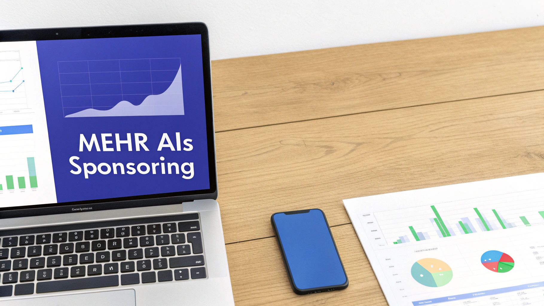 Laptop zeigt 'MEHR AIs Sponsoring' und ein Diagramm, daneben ein Smartphone und weitere Geschäftsdiagramme auf einem Holztisch.