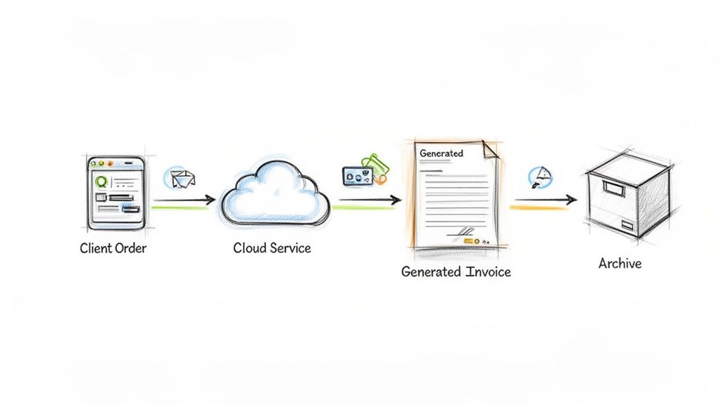 Prozessdarstellung von der Kundenbestellung über einen Cloud-Dienst zur Rechnungsgenerierung und Archivierung.