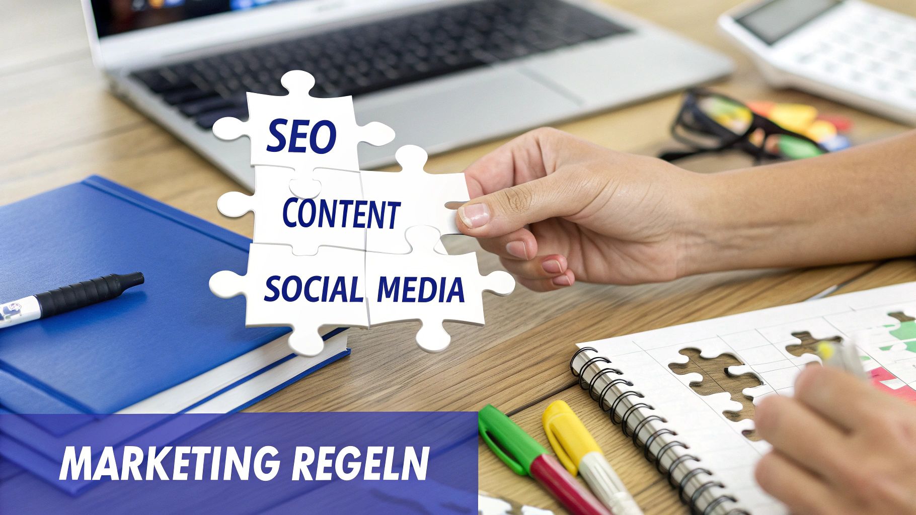 Eine Infografik mit den Kernkonzepten des digitalen Marketings, die als zusammenhängende Zahnräder dargestellt werden und die Begriffe SEO, Content Marketing und Social Media enthalten.