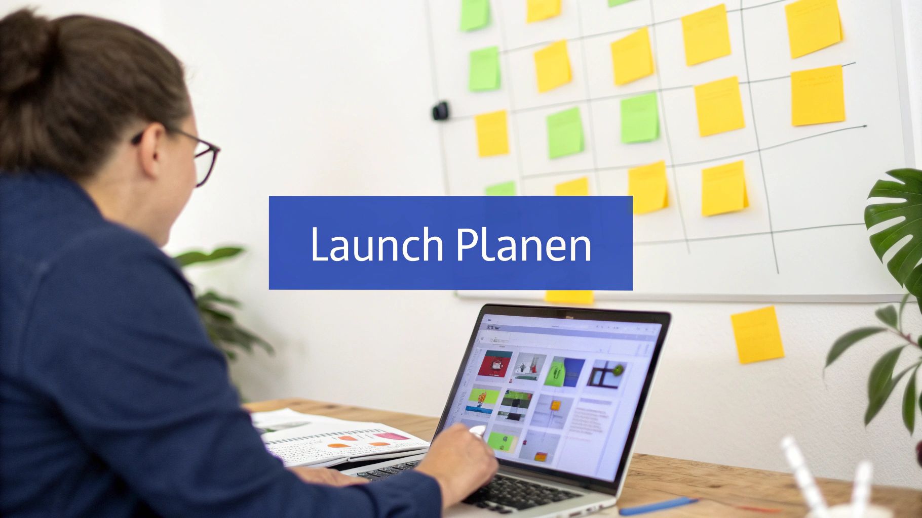 Frau arbeitet am Laptop und plant den Launch eines digitalen Produkts mit bunten Notizen im Hintergrund