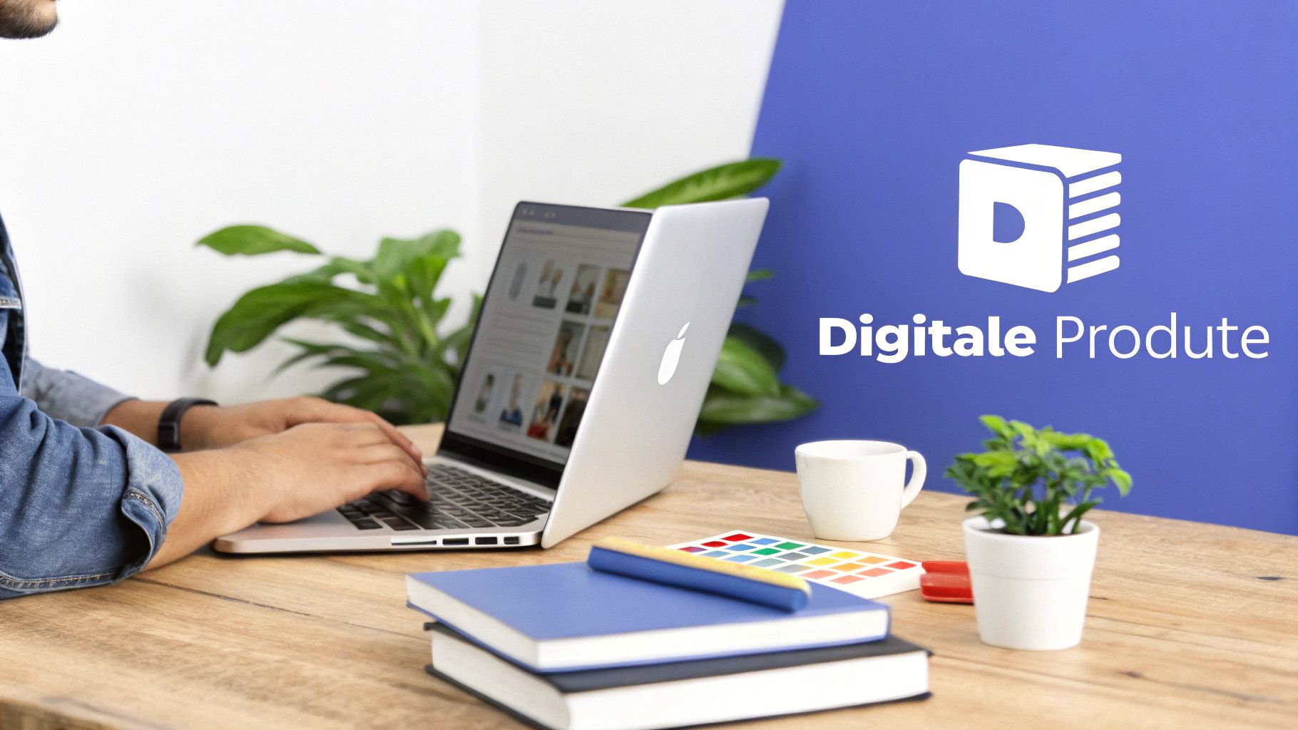 Eine Person tippt an einem Laptop auf einem Holztisch, umgeben von Notizbüchern, einer Farbpalette, einer Kaffeetasse und einer Zimmerpflanze. Im Hintergrund ist ein blaues Logo mit der Aufschrift 'Digitale Produkte' zu sehen.