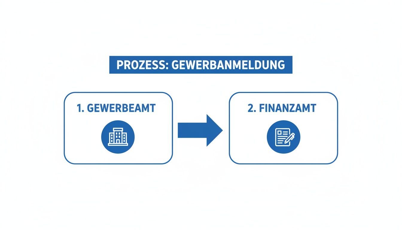 Flussdiagramm zum Prozess der Gewerbeanmeldung: Zuerst zum Gewerbeamt, dann zum Finanzamt.